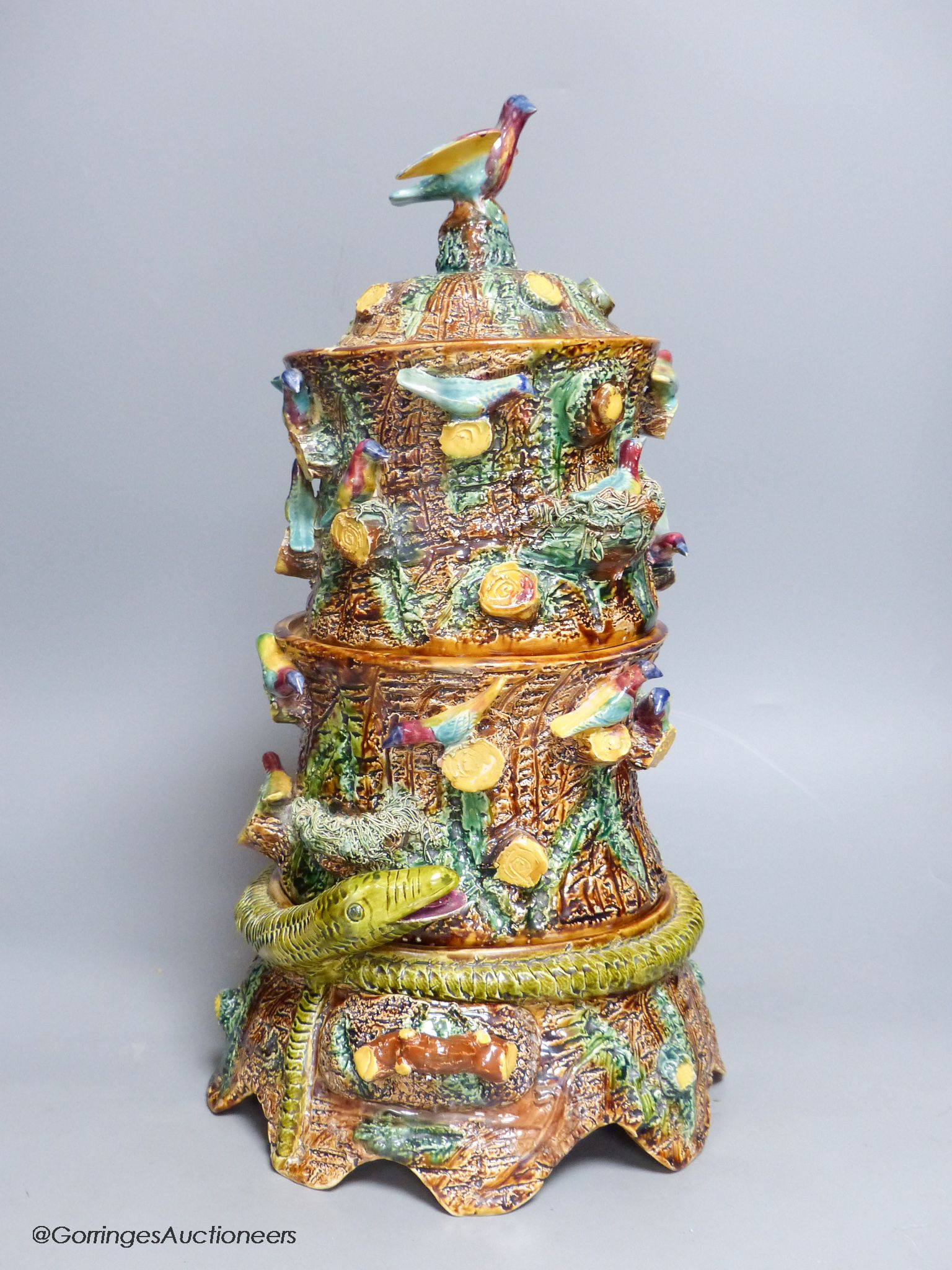 A Palissy style sectional pot pourri, signed Edward Coates, height 45cm
